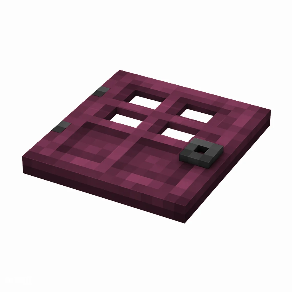 Pixel art illustration of a flat crimson wooden trapdoor with a dark metal ring handle