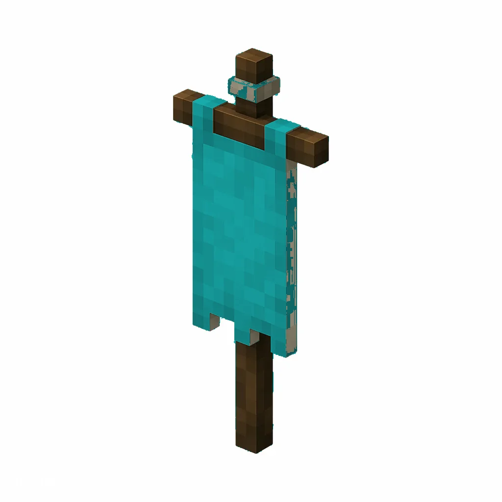 Pixel art illustration of a cyan banner hanging from a wooden pole