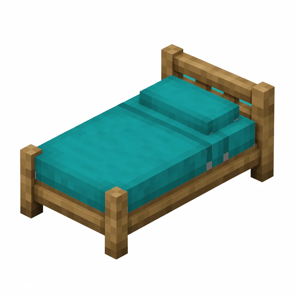Pixel art illustration of a cyan bed with a wooden frame and a cyan blanket and pillow