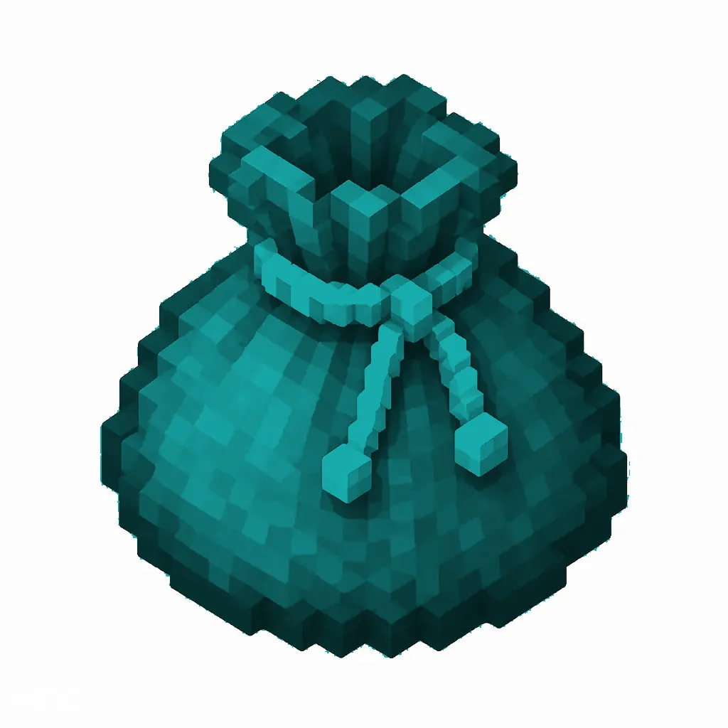 Pixel art illustration of a cyan dyed bundle pouch tied with string