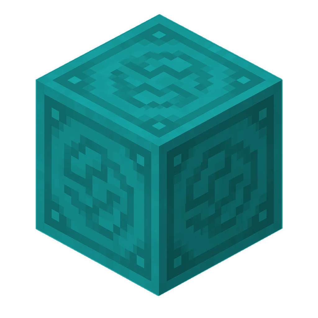 Pixel art illustration of a cyan glazed terracotta block with a swirling ornate pattern