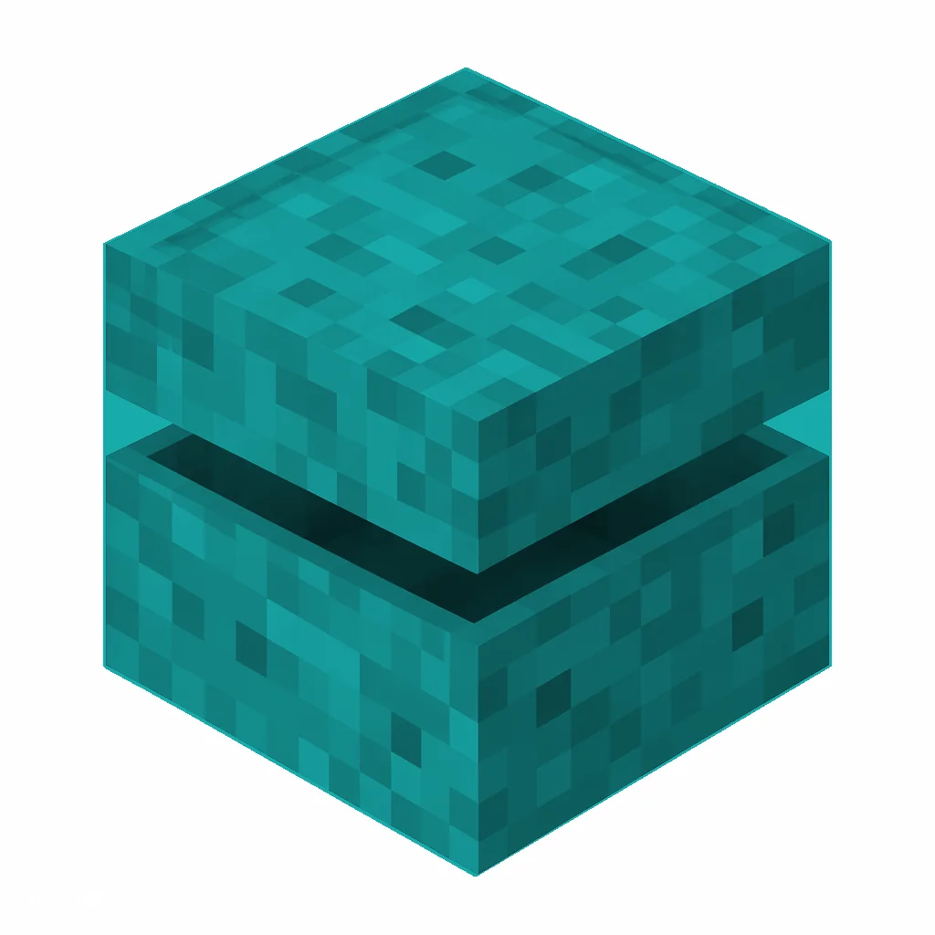 Pixel art illustration of a cyan shulker box with a raised clam-shell lid
