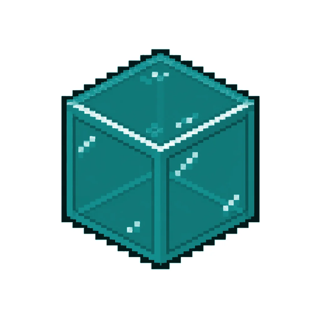 Pixel art illustration of a cyan stained glass block with a dark framed translucent cyan pane