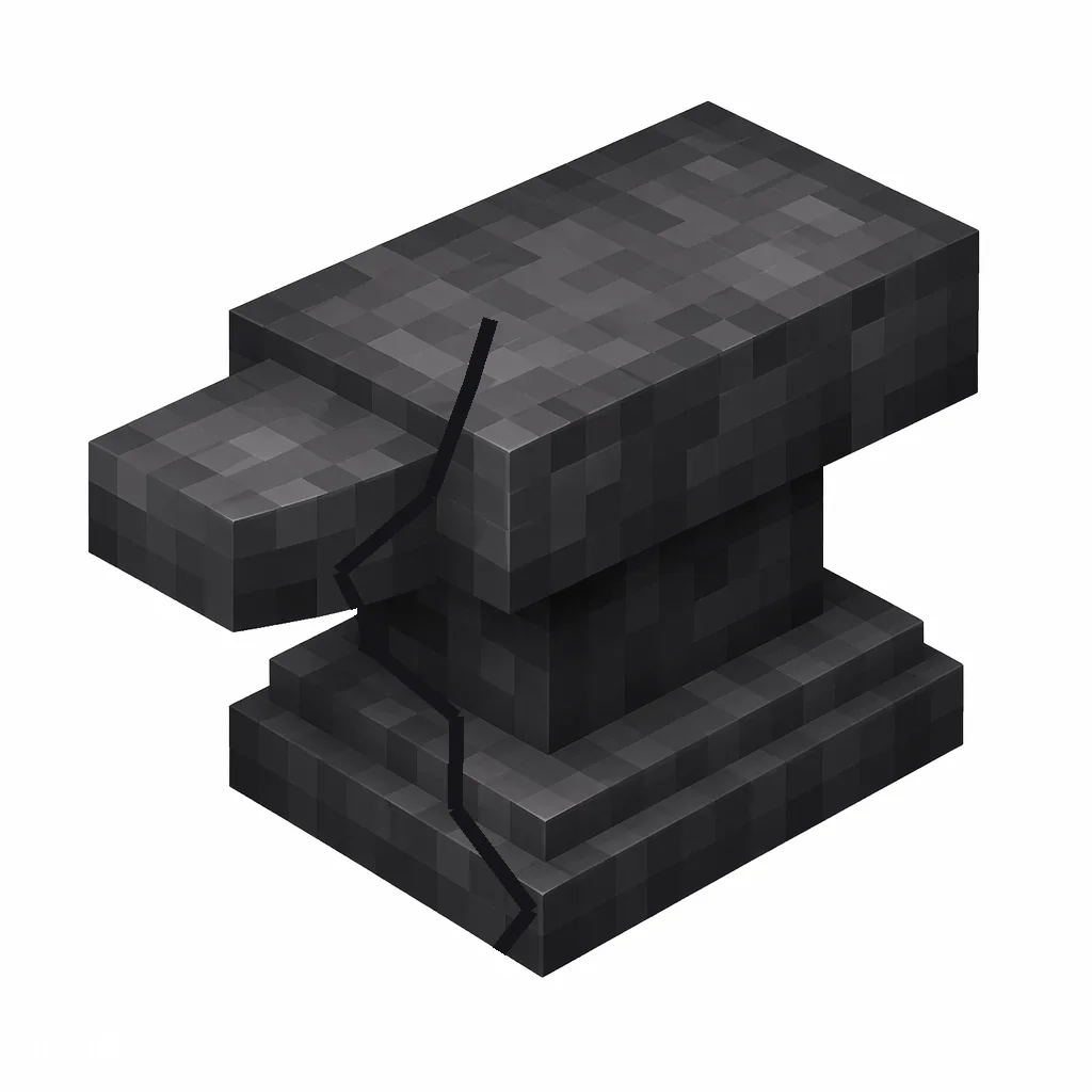 Pixel art illustration of a damaged anvil in chunky voxel game style