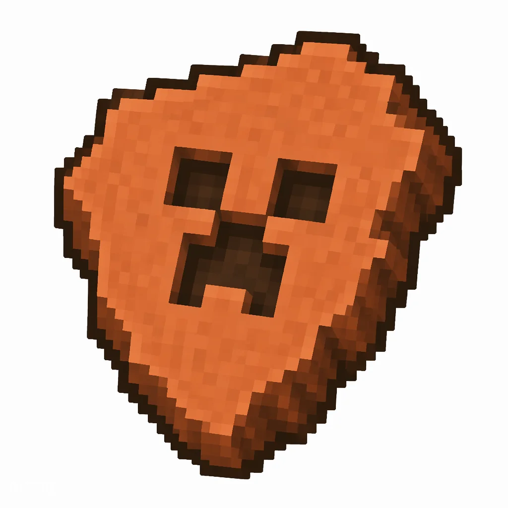 Pixel art illustration of a terracotta pottery sherd engraved with a creeper face pictograph