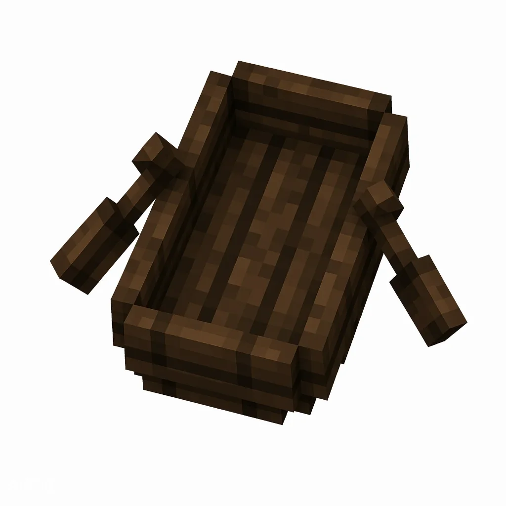 Pixel art illustration of a deep dark brown dark oak boat with two paddles