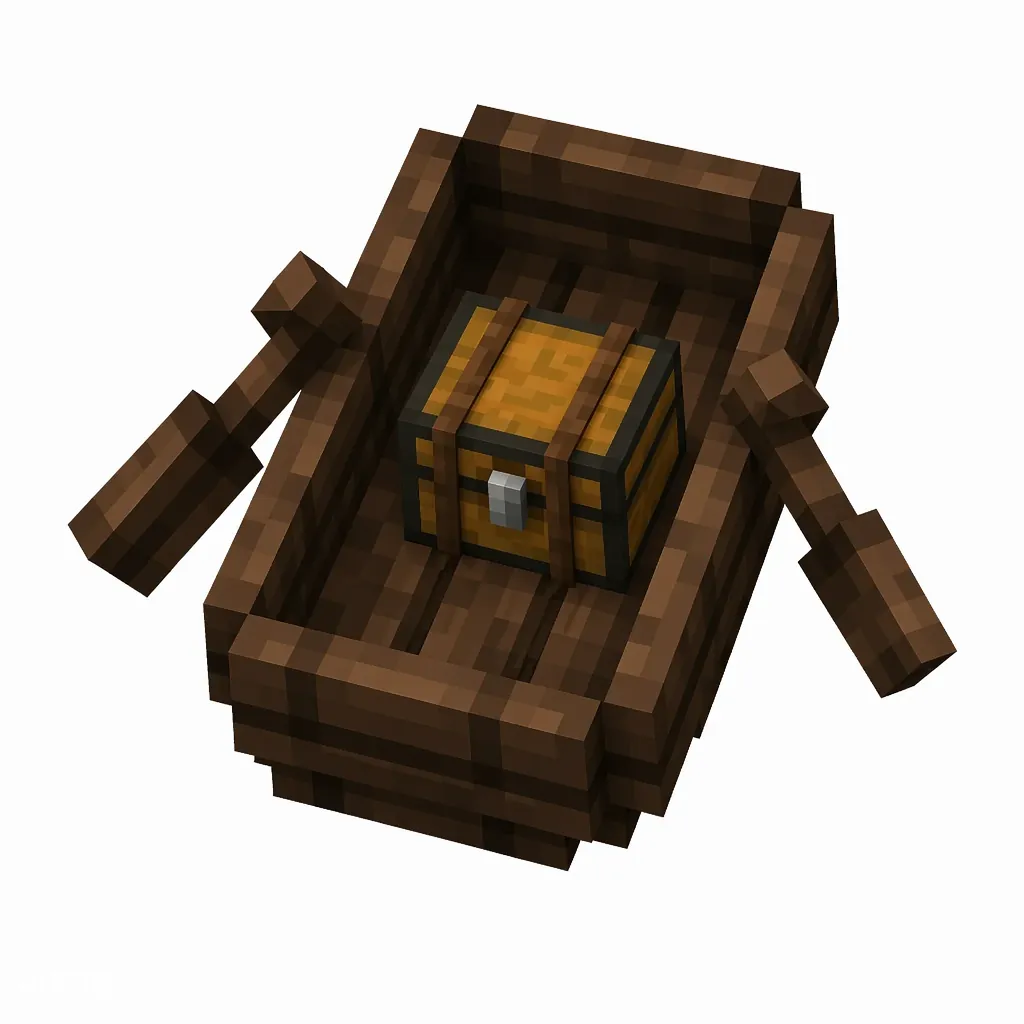 Pixel art illustration of a deep dark brown dark oak boat with a chest strapped in the middle