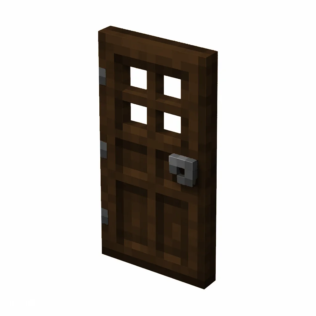 Pixel art illustration of a dark oak wooden door with window holes and a gray metal handle