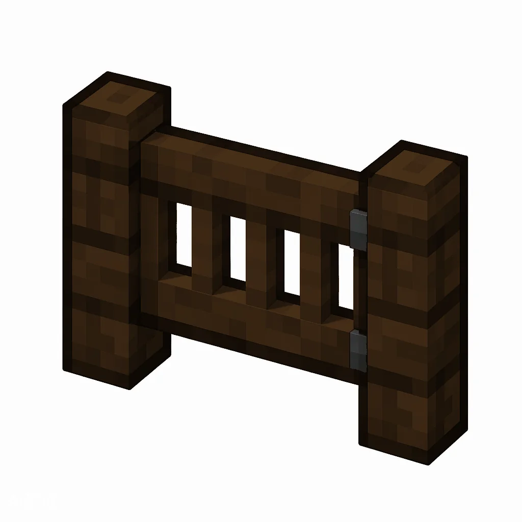 Pixel art illustration of a dark oak fence gate with a slatted swinging panel