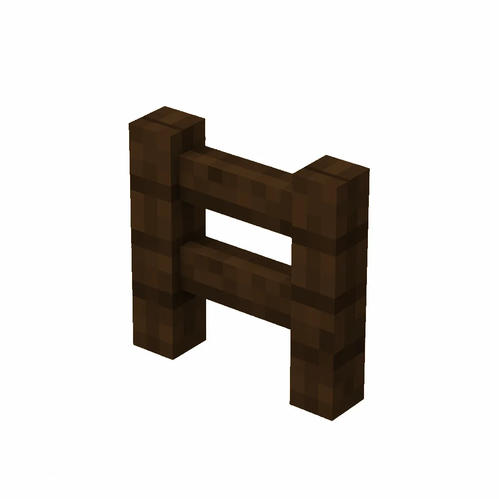Pixel art illustration of a dark oak wooden fence with two posts and rails