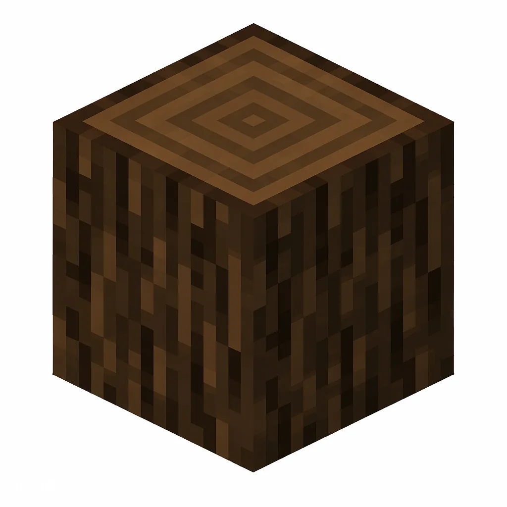 Pixel art illustration of a dark oak log block with dark chocolate-brown bark and tree rings