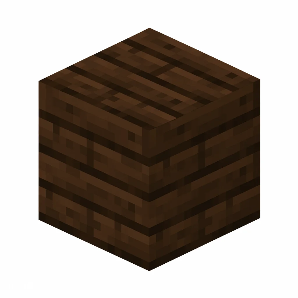 Pixel art illustration of a dark oak planks block with deep espresso horizontal boards