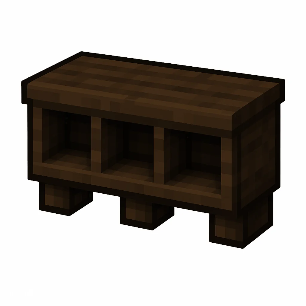 Pixel art illustration of a dark oak wall shelf with three display cubbies