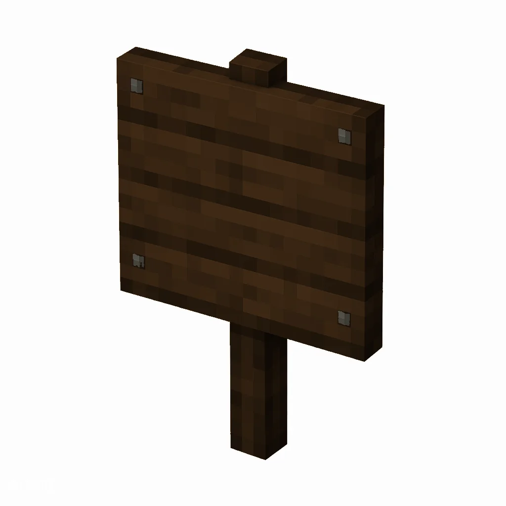 Pixel art illustration of a dark oak wooden sign board on a short post