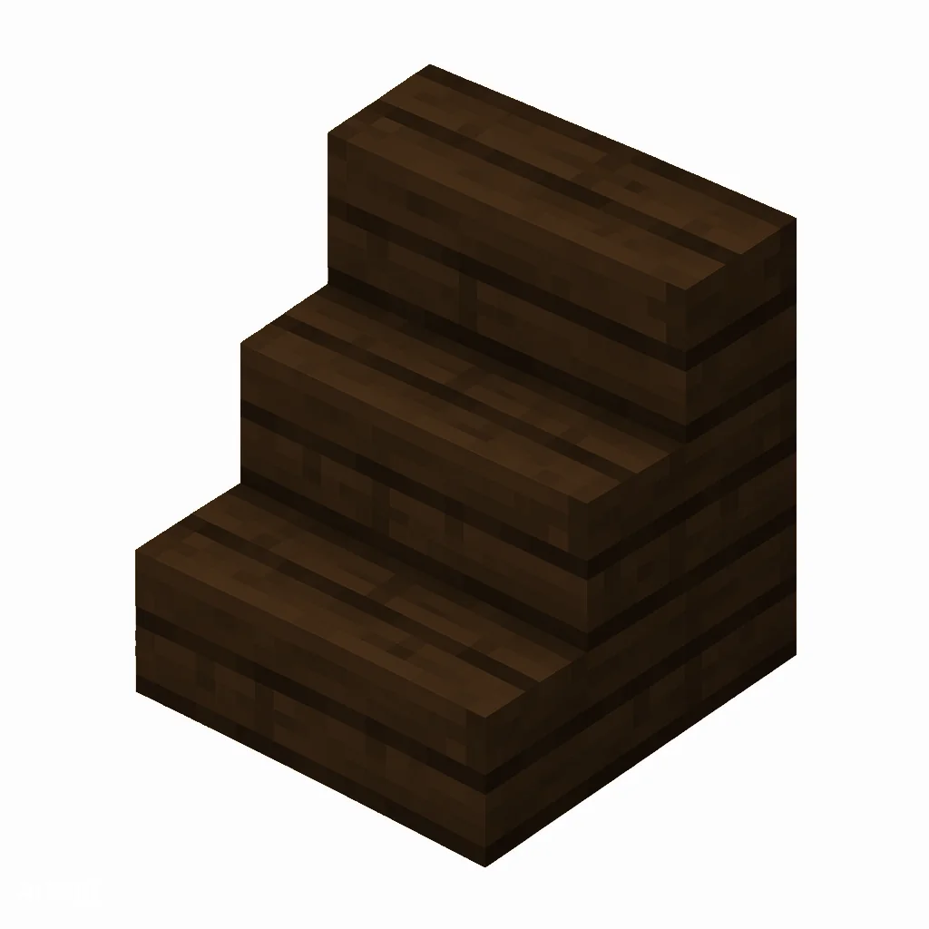 Pixel art illustration of an L-shaped dark oak wooden stairs block with visible wood grain