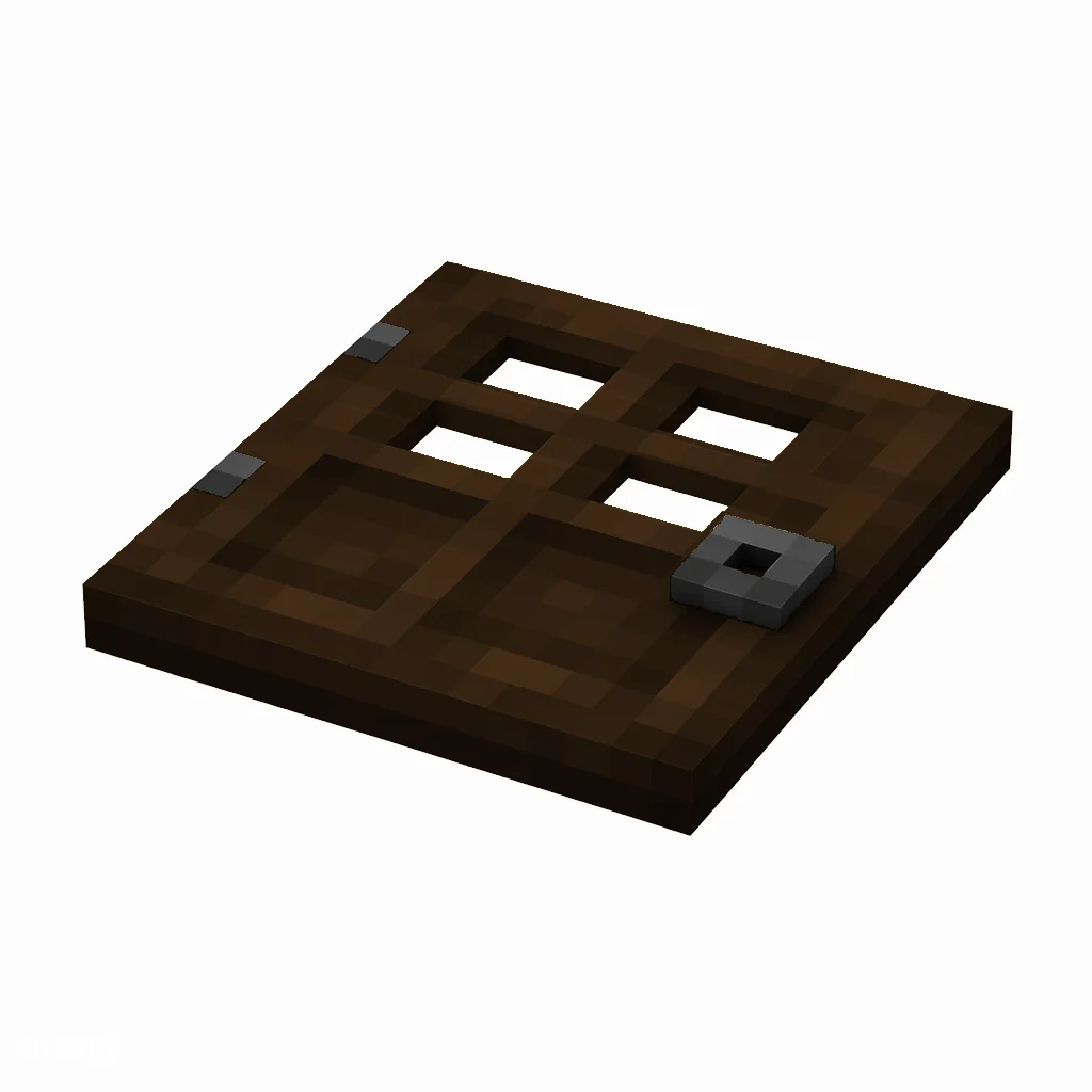 Pixel art illustration of a flat dark oak wooden trapdoor with a dark metal ring handle