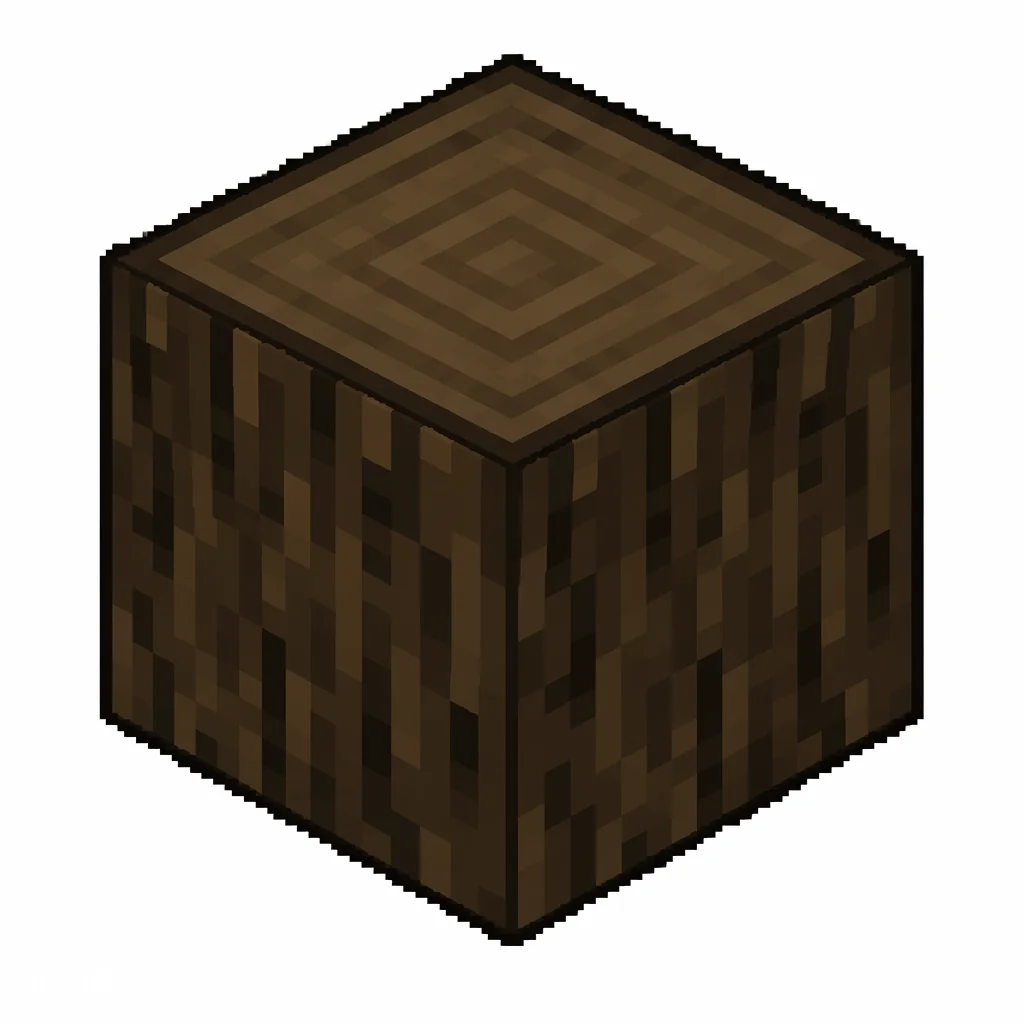 Pixel art illustration of a dark oak wood block with bark on all six faces