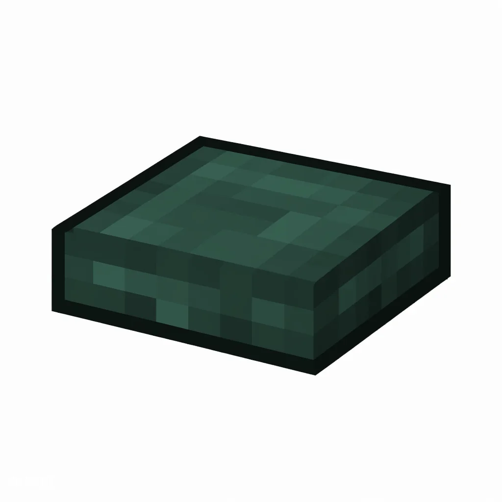 Pixel art illustration of a dark prismarine slab, a half-height flat block