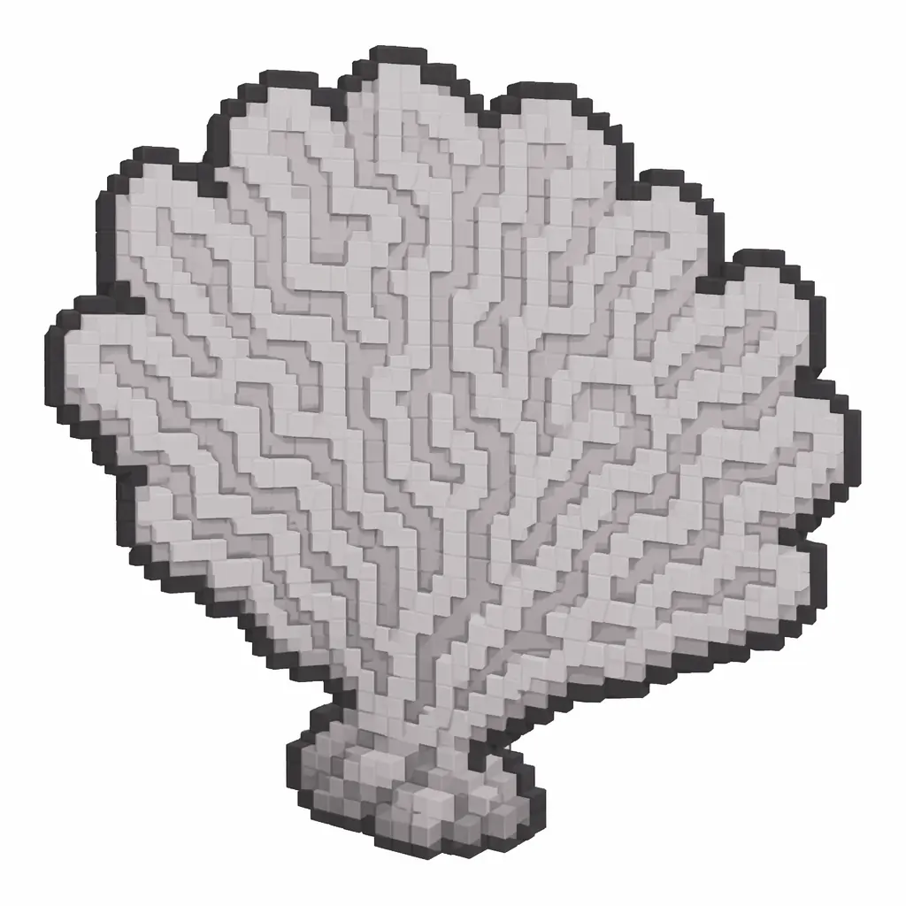Pixel art illustration of a dead gray pink coral fan, a dried lifeless coral frond