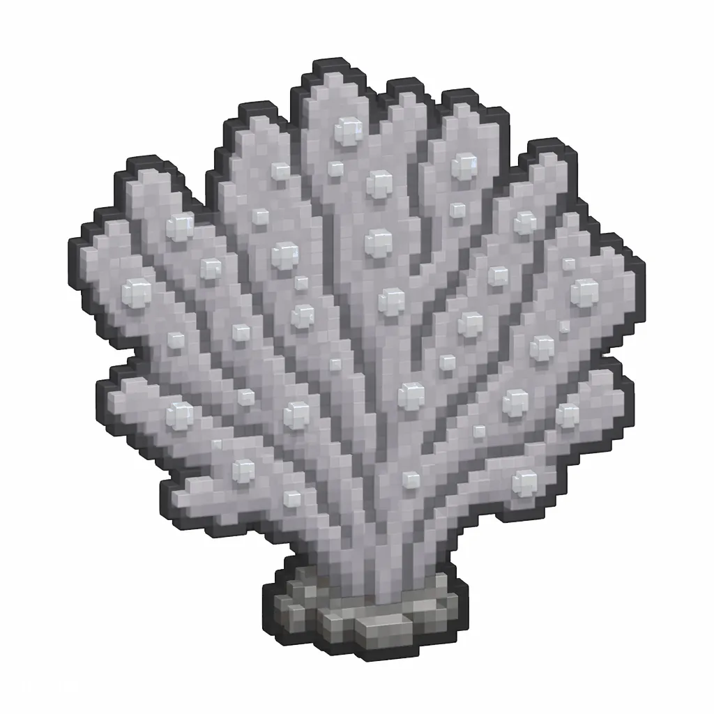 Pixel art illustration of a dead gray purple coral fan, a dried lifeless coral frond