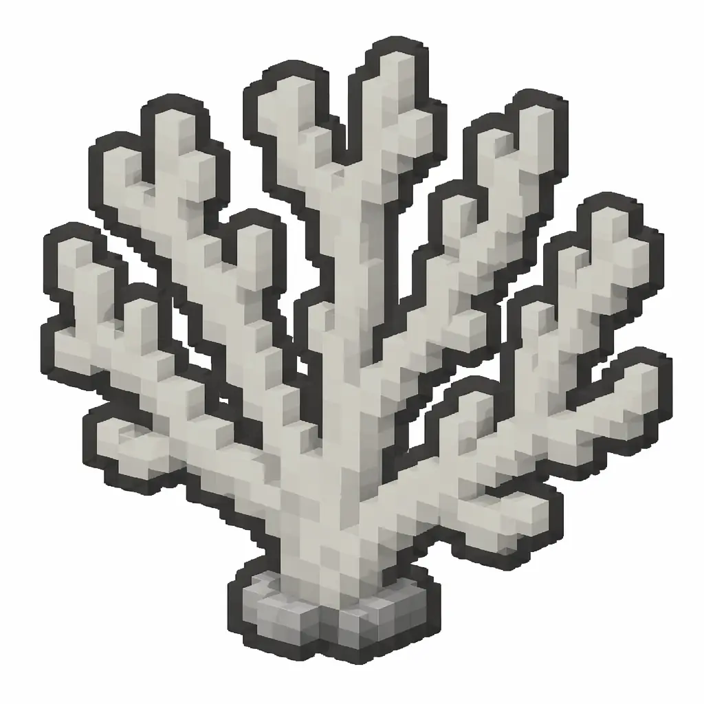 Pixel art illustration of a dead gray yellow coral fan, a dried lifeless coral frond