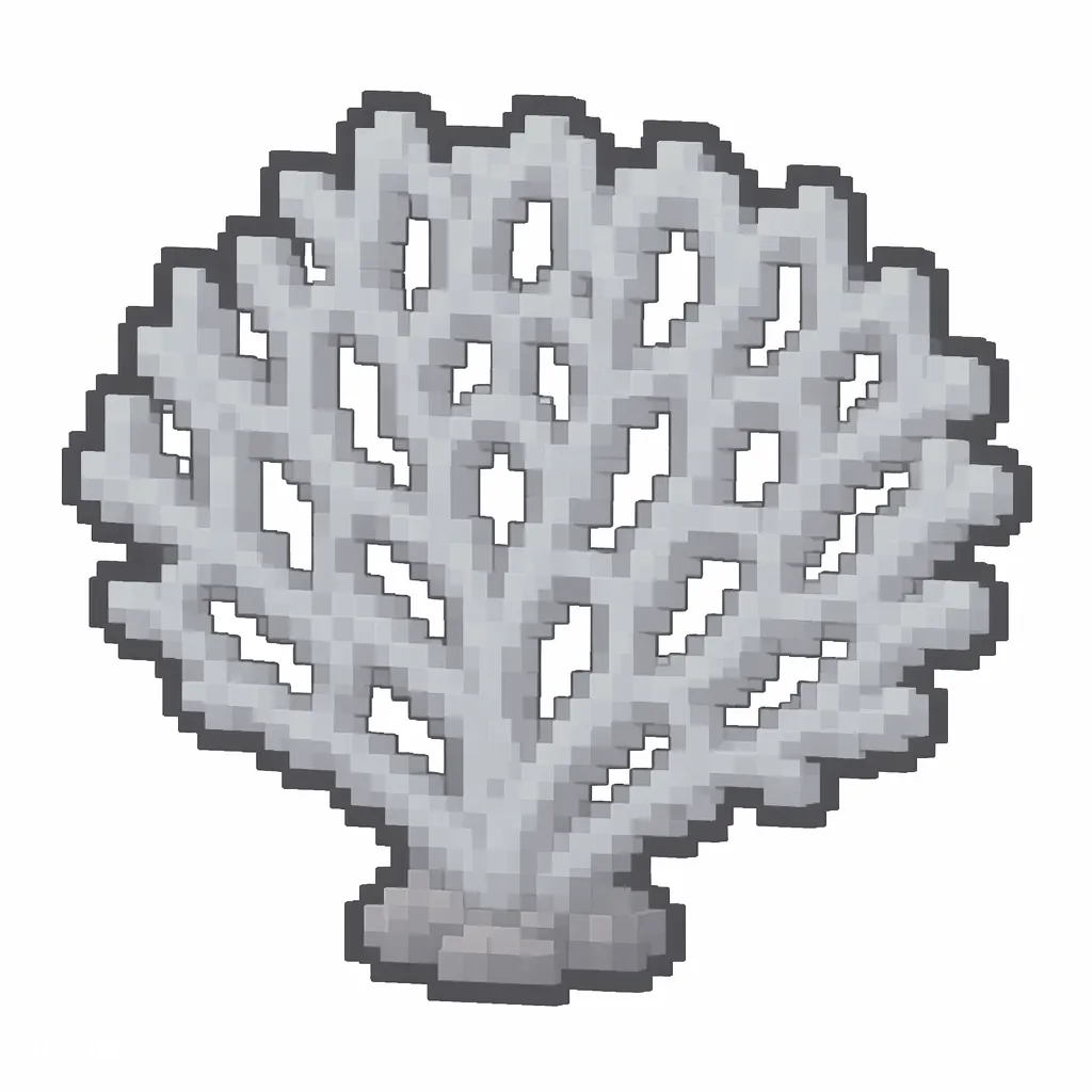 Pixel art illustration of a dead gray blue coral fan, a dried lifeless coral frond