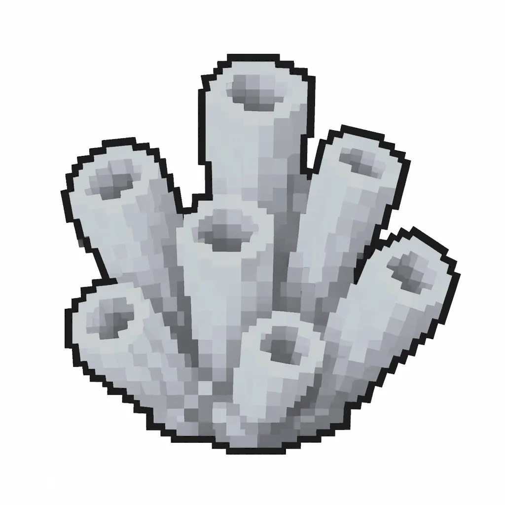 Pixel art illustration of a dead gray blue coral, dried and lifeless