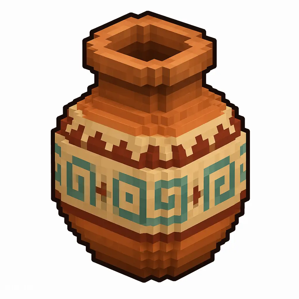Pixel art illustration of a decorated pot in chunky voxel game style