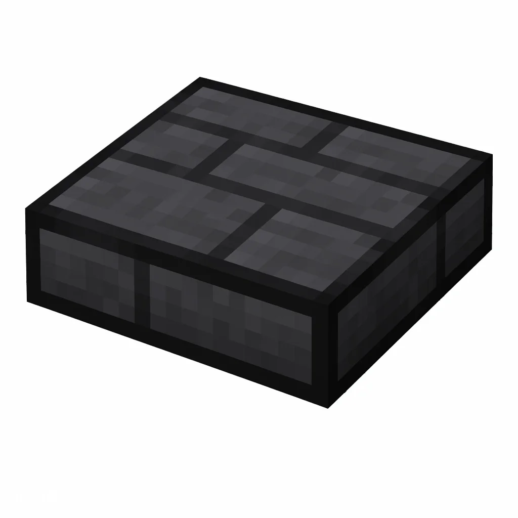 Pixel art illustration of a deepslate brick slab, a half-height flat block