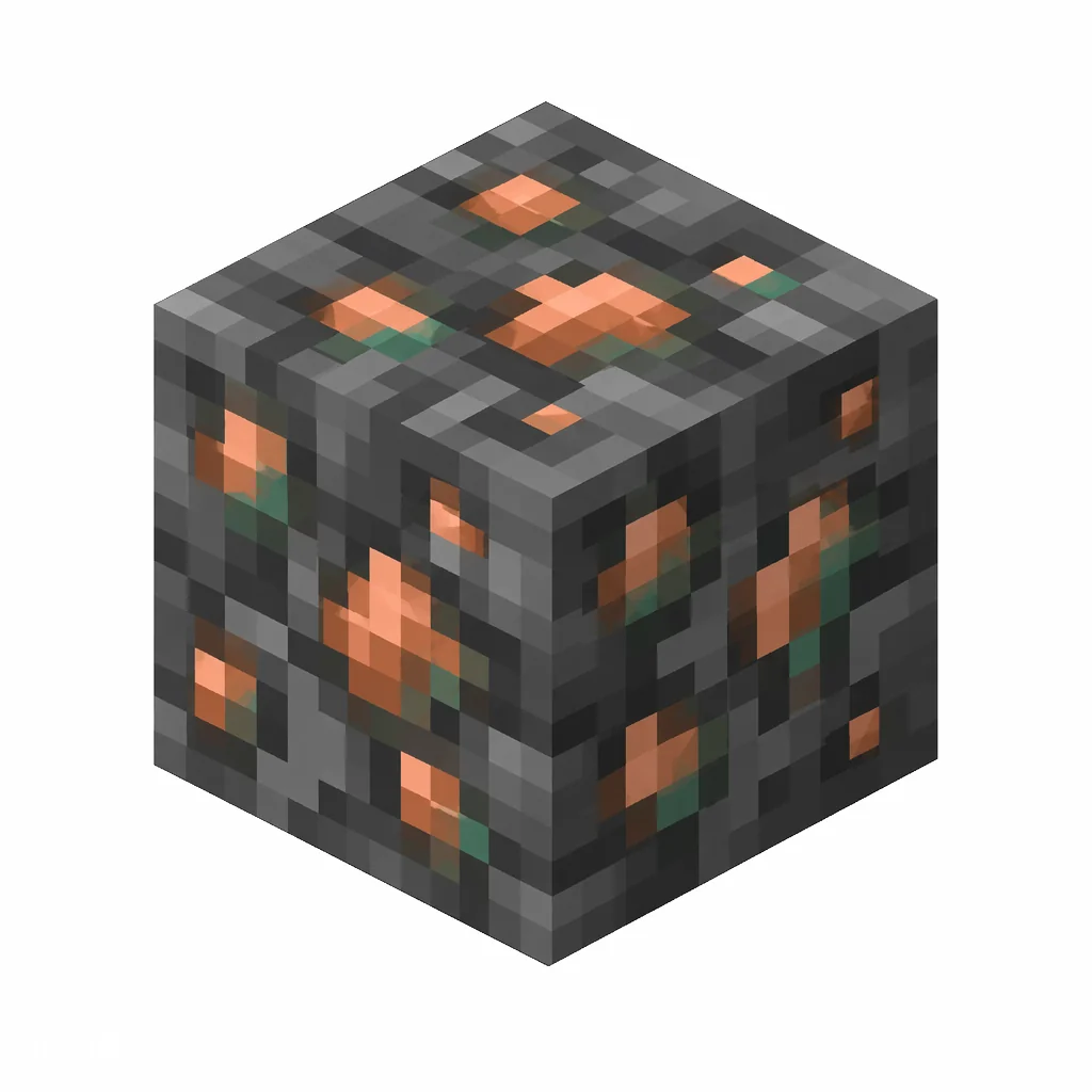 Pixel art illustration of a deepslate copper ore block with orange copper specks in dark gray deepslate