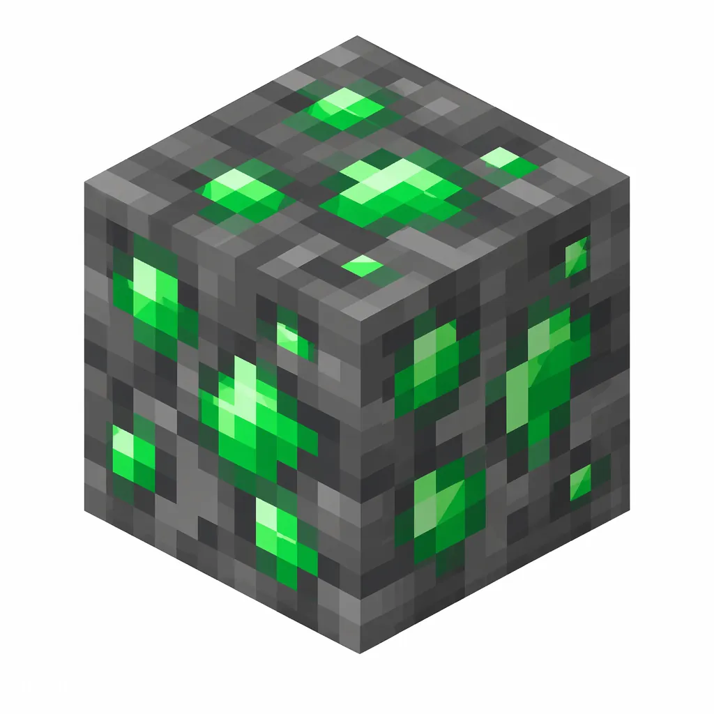 Pixel art illustration of a deepslate emerald ore block with vivid green specks in dark gray deepslate