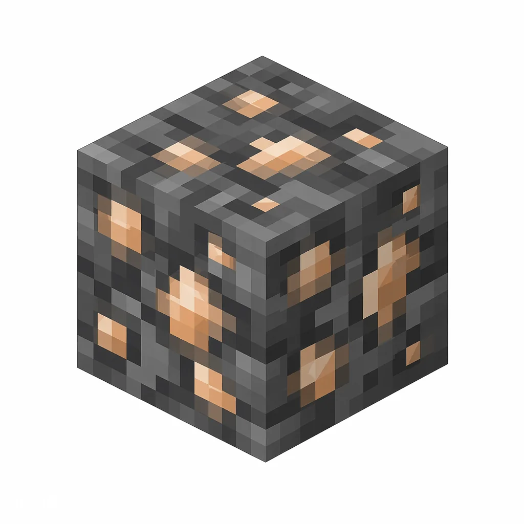 Pixel art illustration of a deepslate iron ore block with tan iron specks in dark gray deepslate