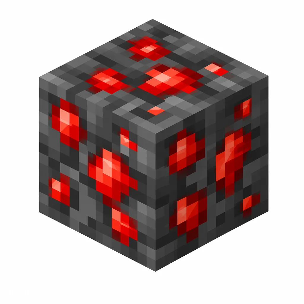 Pixel art illustration of a deepslate redstone ore block with glowing red specks in dark gray deepslate