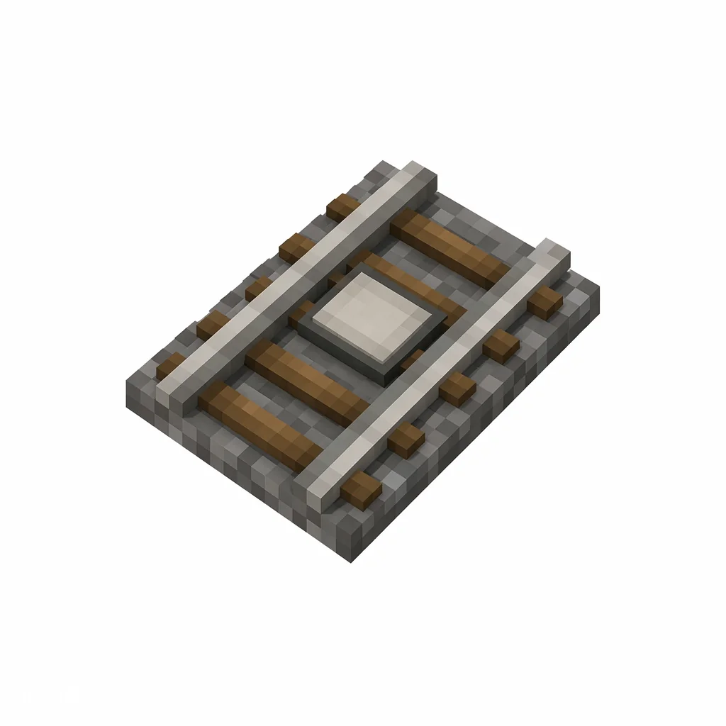 Pixel art illustration of a detector rail with a stone pressure plate between iron rails