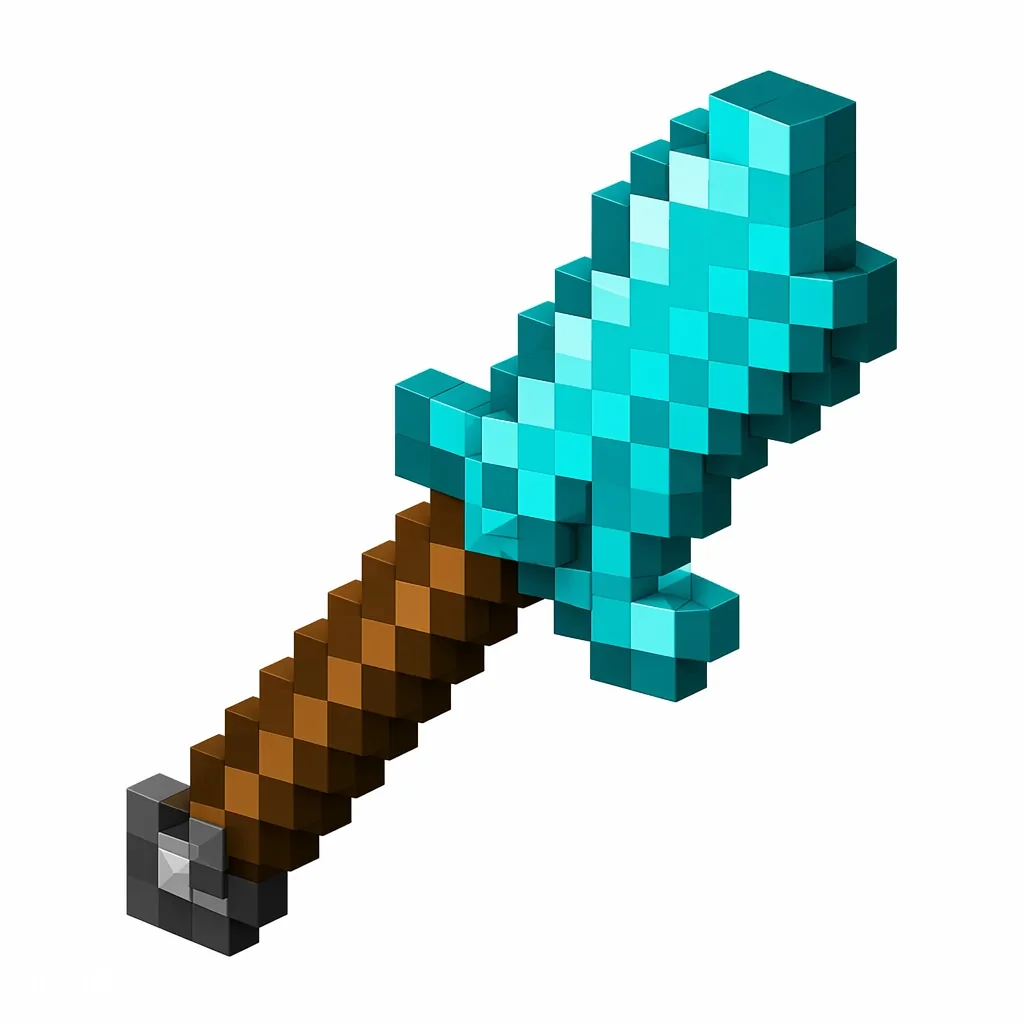 Pixel art illustration of a cyan diamond axe with a wooden stick handle