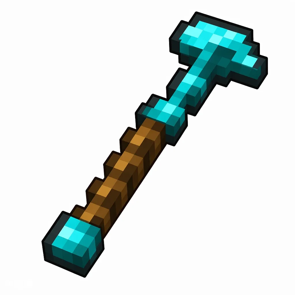 Pixel art illustration of a diamond hoe with a cyan diamond head on a stick handle