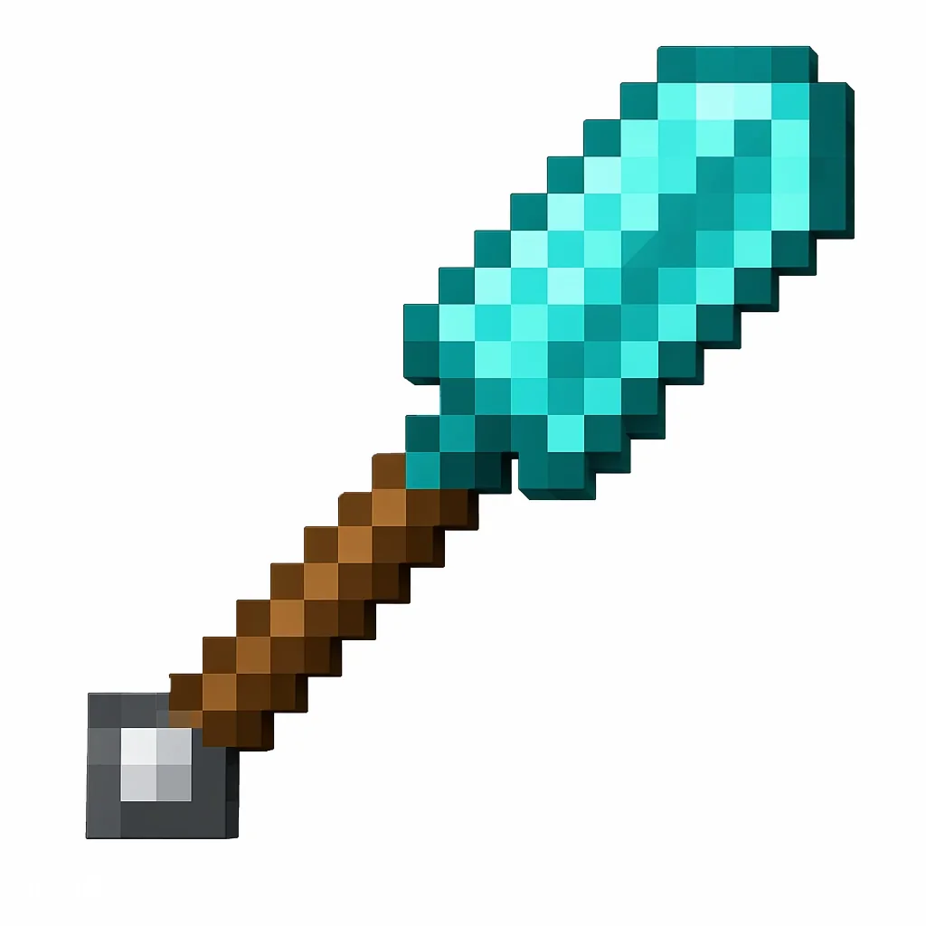 Pixel art illustration of a cyan diamond shovel with a wooden stick handle