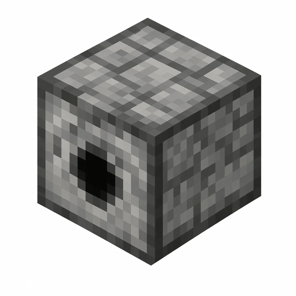 Pixel art illustration of a dispenser block with a round dark opening on its gray face