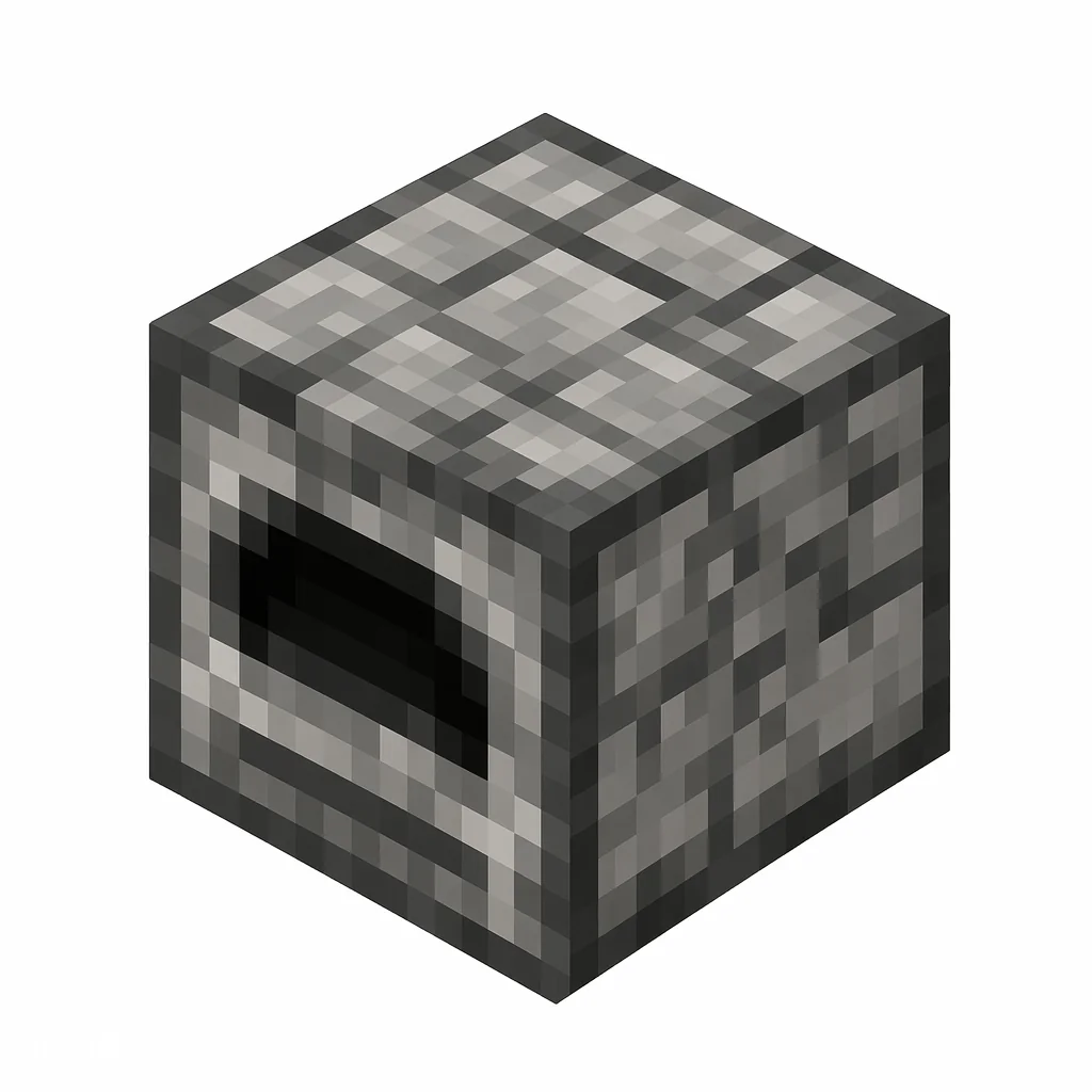 Pixel art illustration of a dropper block with a square dark opening on its gray face