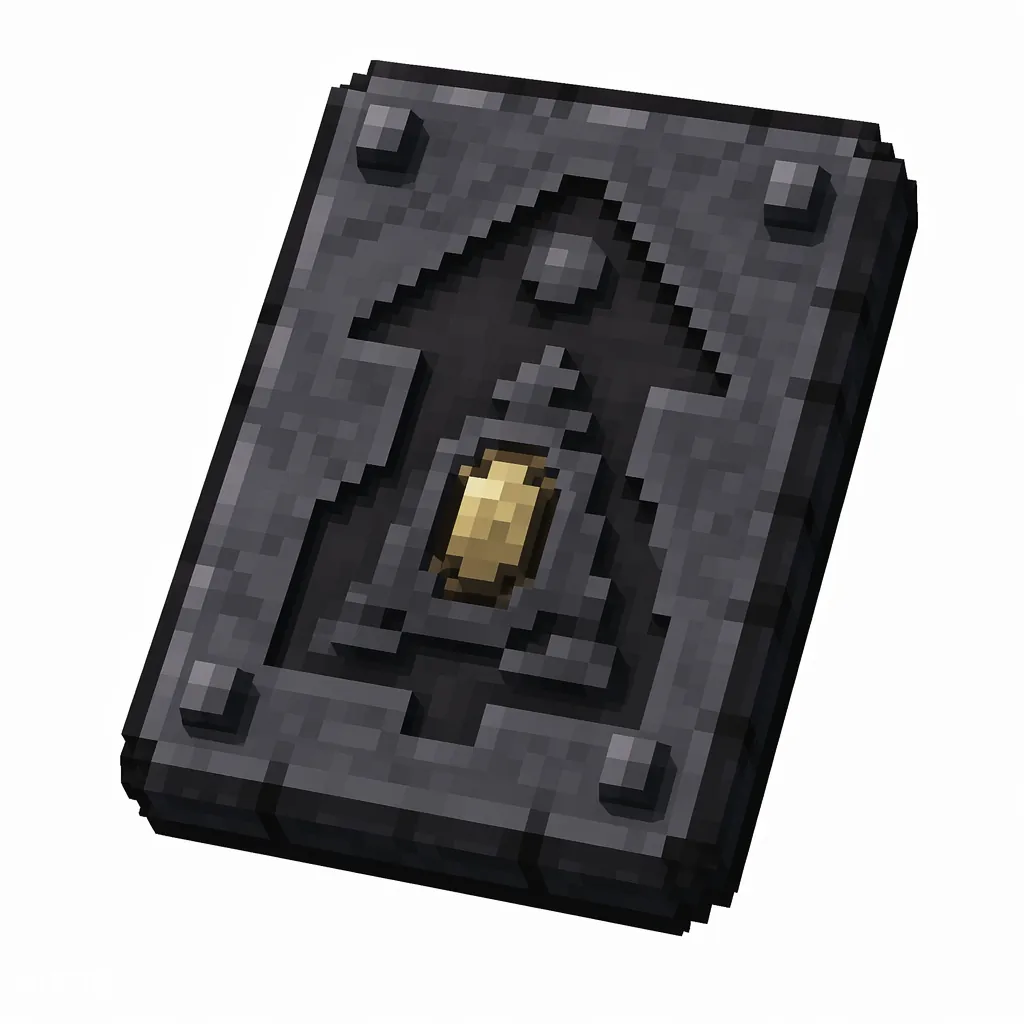 Pixel art illustration of a dark stone smithing template tablet carved with a desert pyramid