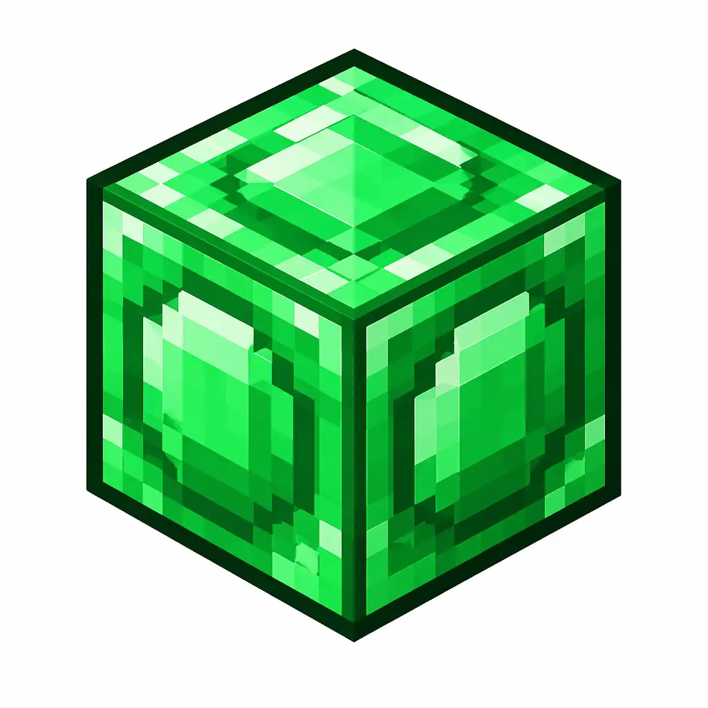 Pixel art illustration of a block of emerald in chunky voxel game style