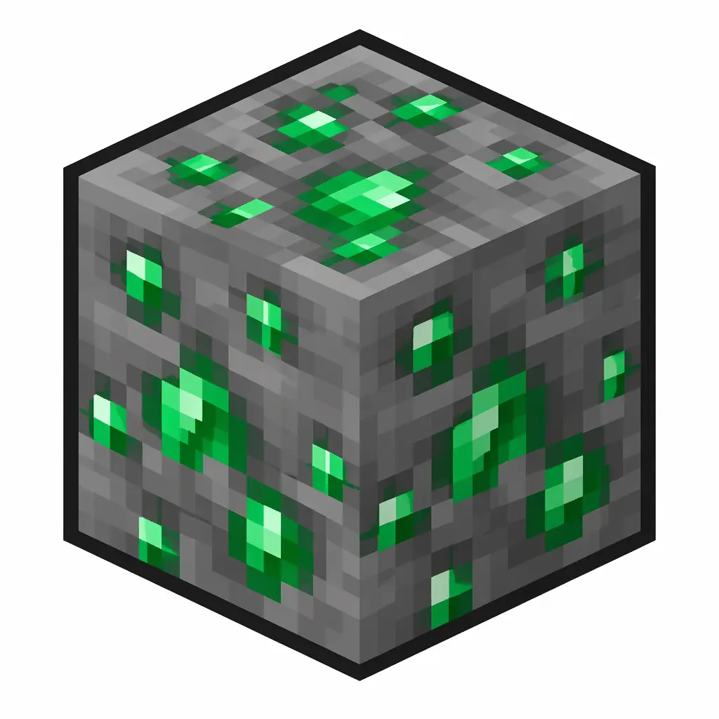 Pixel art illustration of an emerald ore in chunky voxel game style