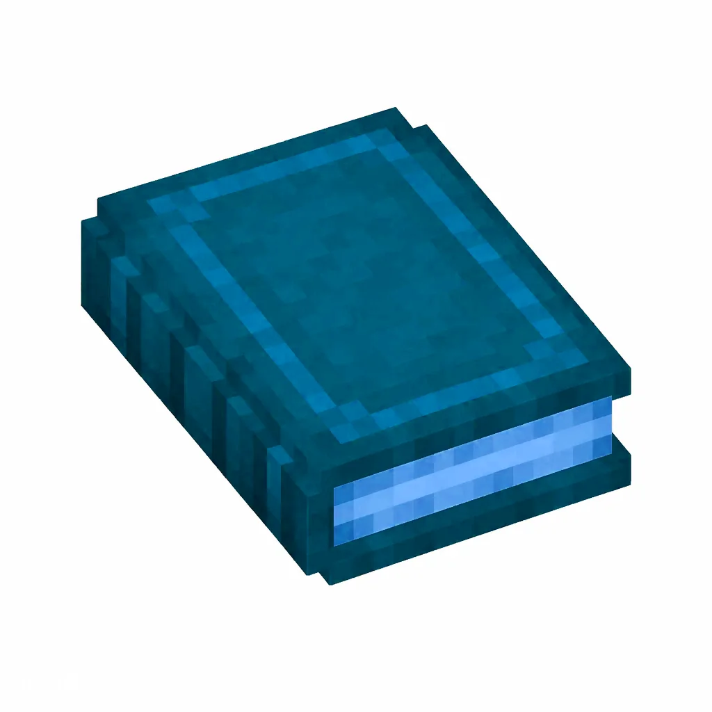 Pixel art illustration of an enchanted book in chunky voxel game style