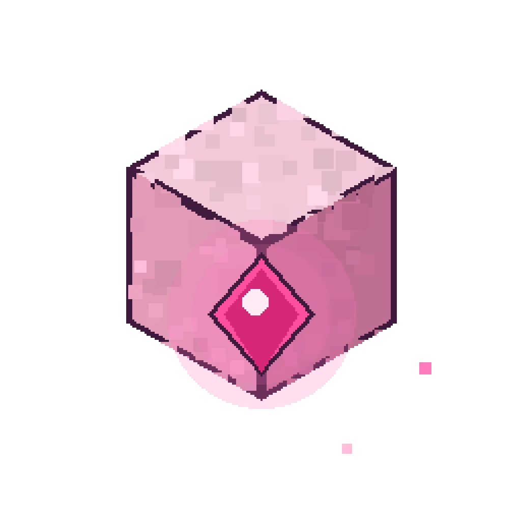 Pixel art illustration of an end crystal, a floating pink cube crystal with a glowing magenta core