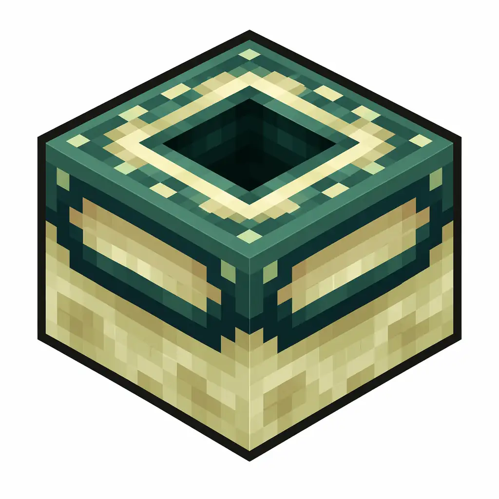 Pixel art illustration of an end portal frame in chunky voxel game style