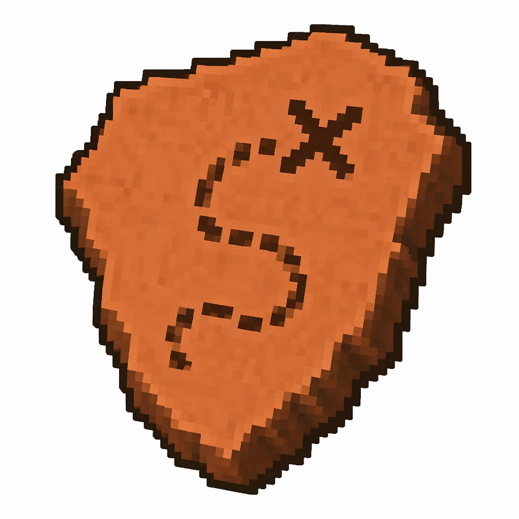 Pixel art illustration of a terracotta pottery sherd engraved with a treasure map pictograph
