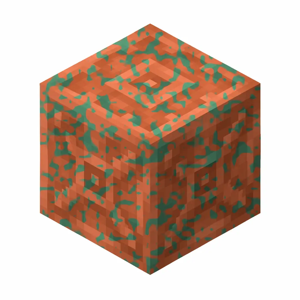 Pixel art illustration of a chiseled copper with lightly patchy green oxidation over copper metal