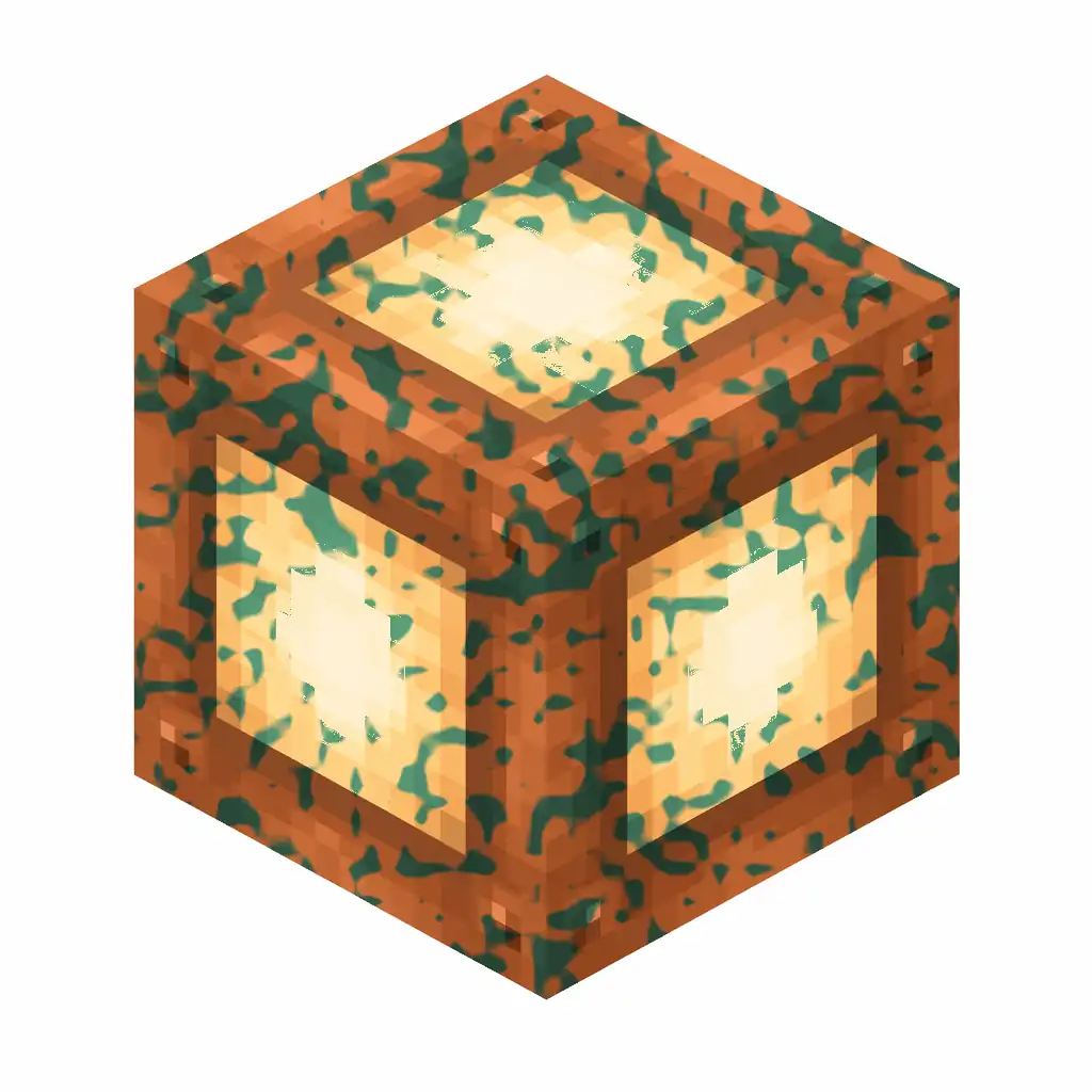 Pixel art illustration of a copper bulb with lightly patchy green oxidation over copper metal