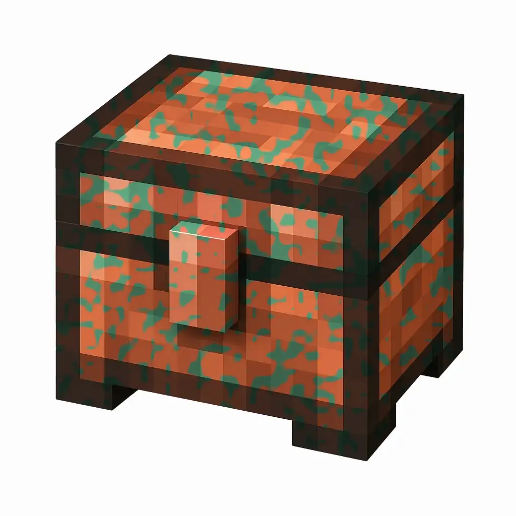 Pixel art illustration of a copper chest with lightly patchy green oxidation over copper metal