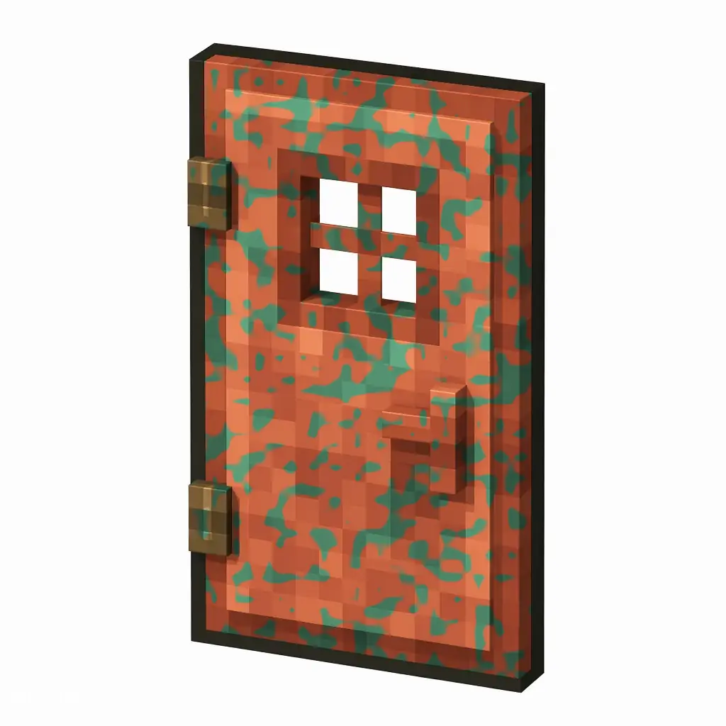 Pixel art illustration of a copper door with lightly patchy green oxidation over copper metal